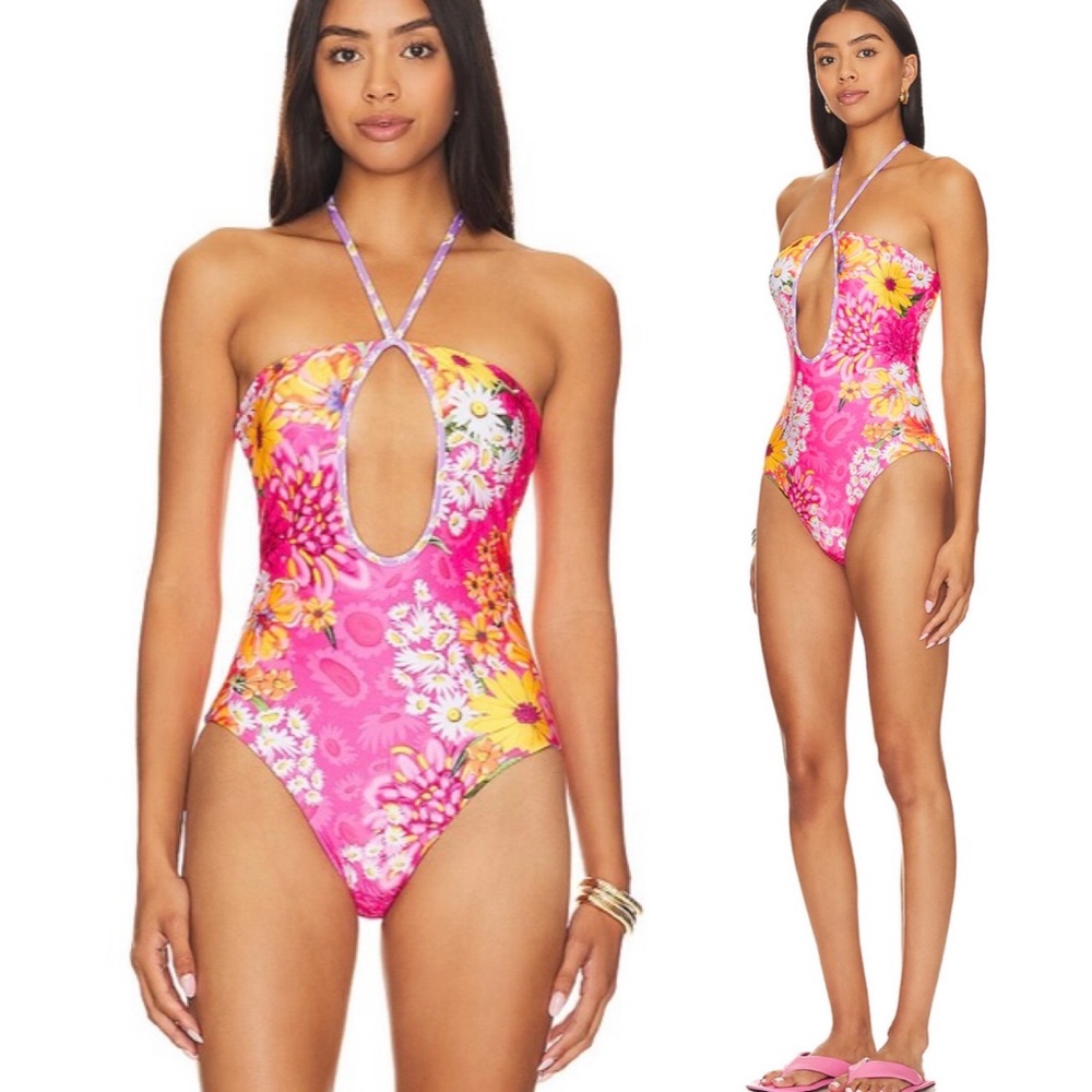 AGUA BENDITA x Revolve Hand Beaded Jaime Haze Fuchsia One Piece Swimsuit - L